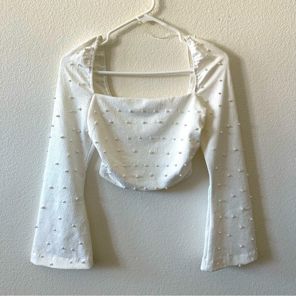 White long sleeve crop top with pearl detail Windsor Small